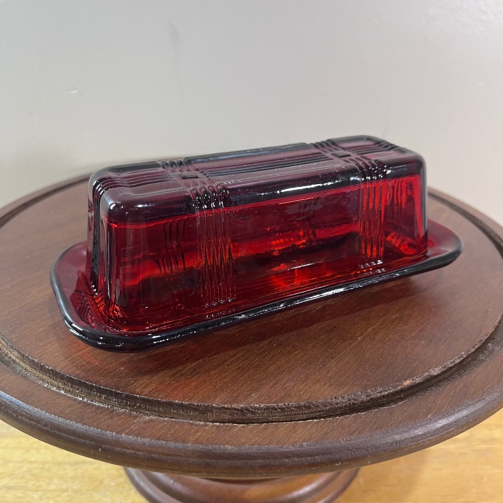 Hazel Atlas Ruby Red Butter Dish Criss Cross Coronation Art Deco Glass Lid Set